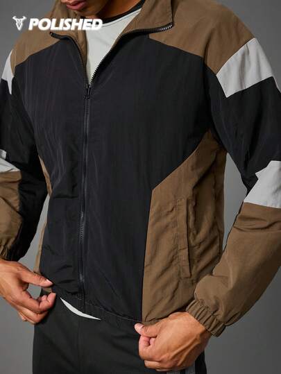 Manfinity Sport Polished Męska, uniwersalna, sportowa kurtka casualowa, kurtka outdoorowa z patchworkowym wzorem, jesień/zima