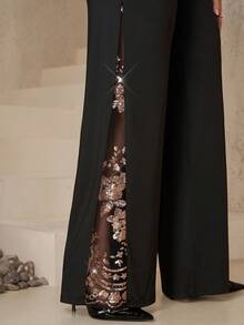 Chikora 大码女式浪漫优雅时尚黑色高腰亮片刺绣网纱拼接阔腿裤，高弹力针织裤，2025新款，冬季，复古，外出，秋季，新年，感恩节，圣诞节 - 黑色 - 查看 1