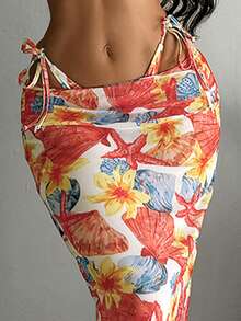 Bonvoyette Conjunto de traje de baño de 3 piezas para mujer que incluye: parte superior triangular con estampado de estrella de mar y concha, Bottom de bañador con ataduras laterales, y vestido largo estampado con decoración metálica en el cuello halter. - Multicolor - Ver 4