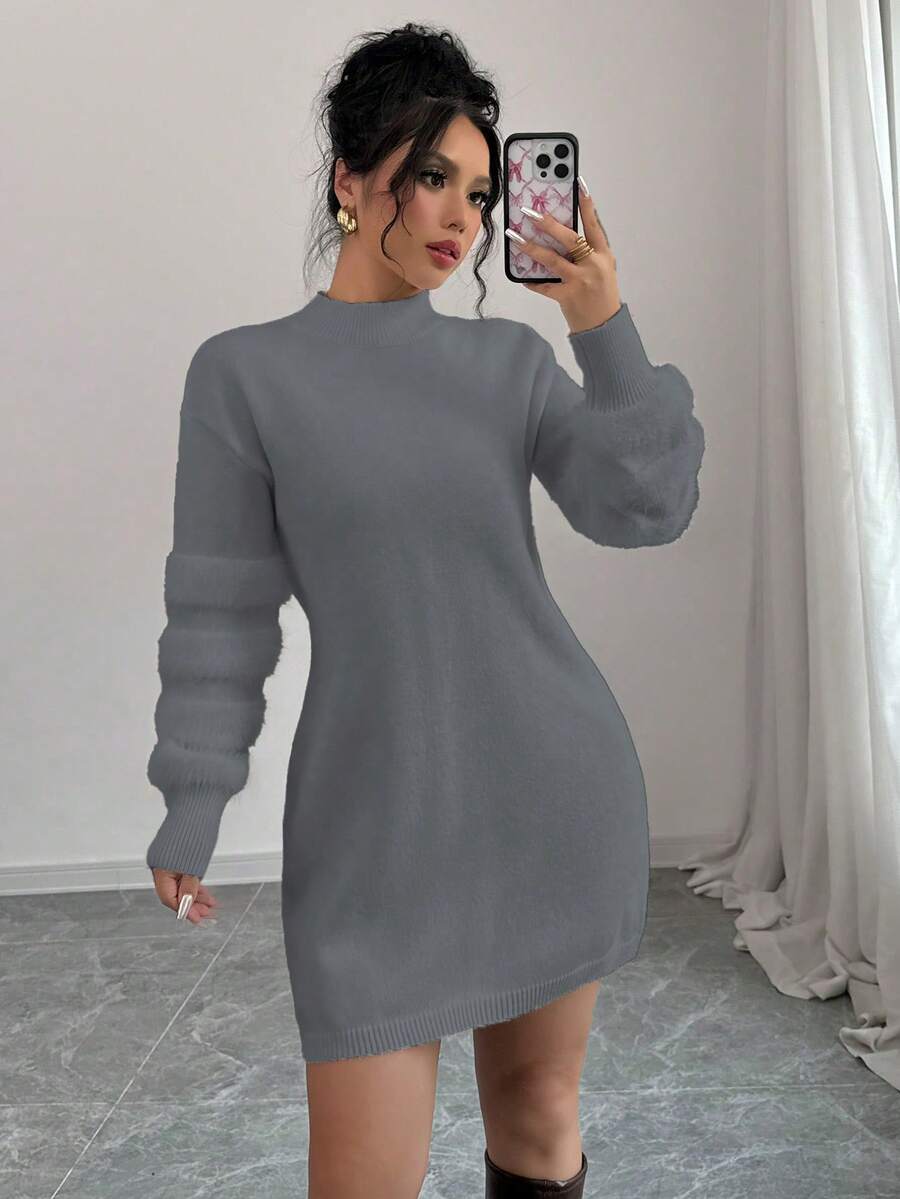 Elenzga Women's Solid Color Stand Collar Drop Shoulder Long Sleeve Loose Knit Sweater Dress - Dark Grey - View 1
