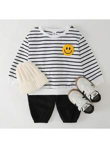 THE HAPPY LOOK 2pcs/Set Young Boy Cartoon Face Pattern Knit Soft Crew Neck Long Sleeve Pullover Pullover Sweatshirt & Elastic Waist Jogger Pants Set