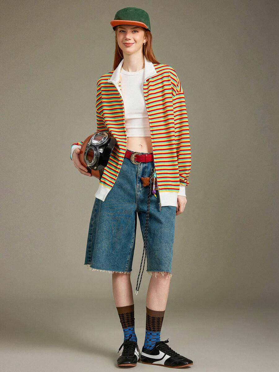 Elnivra Y2K Stylish Multicolor Striped Cardigan Women,Loose Slouchy Small Stand Collar Knit Sweater Jacket,Golden Yellow,Autumn,Streetwear,Everyday,Vintage - Multicolor - View 1