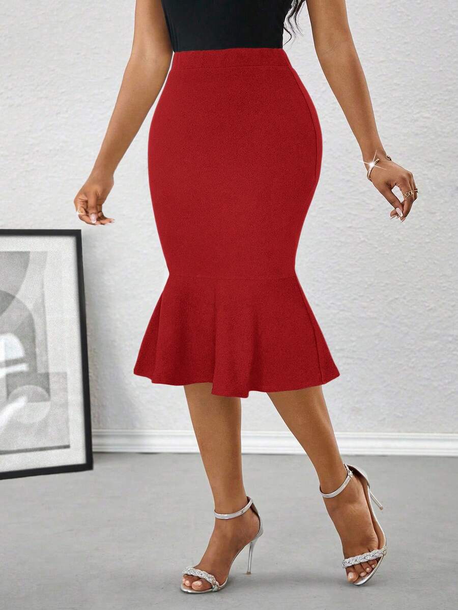 SHEIN Lady Falda lápiz elegante con volantes en el bajo, ajustada, color rojo, adecuada para ir al trabajo - Rojo - Ver 1