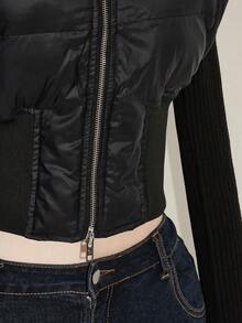 SHEIN ICON 大码拉链毛绒装饰连帽短款羽绒大衣黑色 - 白色 - 查看 9
