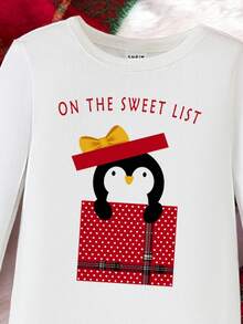 2pcs Christmas Pajamas For Young Girl, White Long Sleeve Top With Cute Gift Box & Penguin Print, Paired With Red Plaid Long Sleeve Knit Elastic Fabric Pants, Soft & Comfortable Christmas Sleepwear Set Christmas Pajamas For Kids Christmas Pajamas For Girl Matching Family Kids Christmas Pajamas Christmas Gifts Christmas Decorations Snug Fit Tight Fit Pajamas