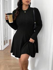 SHEIN Frenchy Váy chữ A chải gân thường ngày cỡ lớn - màu đen - Xem 4