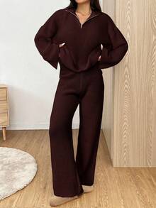 SHEIN EZwear Women's Casual Coffee Brown Zipper Drop Shoulder Sweater And Knitted Pants Sweater Two Pieces Suit, Autumn And Winter, Fall