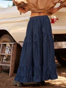 WESTFADE Smocked Elastic Waist Tiered Ruffle Flowy Cotton Blend Denim Midi Skirt Fall, Autumn, Winter, Boho, Casual, Cute, Country Western Wear - Dark Wash - View 2