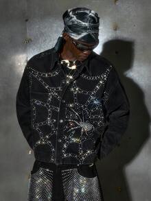 NEON BLANC Men's Fashion Long Sleeve Rhinestone Studded Spider Web Denim Shirt - Black - View 1