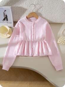 青少年女孩休闲可爱粉色腰部合身针织开衫，柔软舒适，适合日常、户外、旅行、度假、居家、日托、儿童玩耍、秋冬、圣诞节、返校、派对，用途广泛 - 粉色 - 查看 16