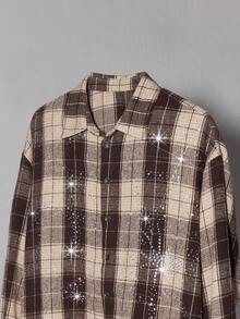 NEON BLANC Áo sơ mi nam len kẻ caro dáng ngắn rộng rãi thời trang đính đá hình nhện phù hợp cho mùa thu đông - Màu Khaki - Xem 5