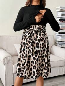 SHEIN 孕妇休闲豹纹拼布哺乳连衣裙，秋季 - 黑色 - 查看 1
