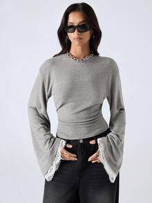 LYSMO 女士圆领落肩长袖撞色蕾丝时尚T恤 - 淺灰色 - 查看 5