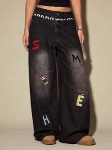 ROMWE Street Life Y2K 街头服饰刺绣口袋设计低腰宽松牛仔裤 - 黑色 - 查看 5