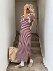 Easowa Women's Casual Polo Collar Striped Split Hem Dress - Red - View 3