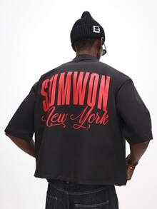 SUMWON Áo sơ mi tay ngắn cài nút phía trước có họa tiết in chữ New York lớn ở lưng, thường ngày mùa hè - màu đen - Xem 4