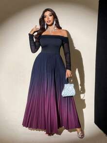 Viva Relle Plus Size Women's Elegant Romantic Party Gathering Elastic Fitted Waist Flared Ombre Pleated Dress, Spring/Autumn - Multicolor - View 5