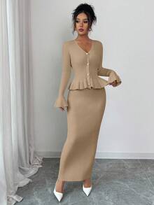 Elenzga Ruffled V-Neck Knit Cardigan & Bodycon Skirt Set For Women - Khaki - View 3