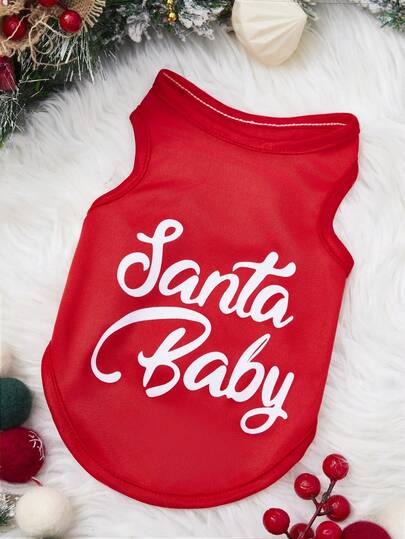 PETSIN 1件圣诞字母印花宠物背心，红色透气宠物服装
