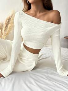 SHEIN EZwear Women's Ribbed Boat Neck Top And Loose Pants Set,Fall,Fall Clothes For Women - Apricot - View 3