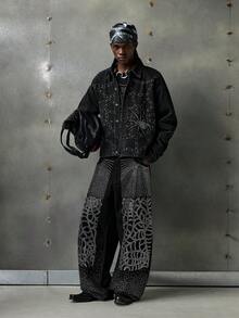 NEON BLANC Men's Fashion Long Sleeve Rhinestone Studded Spider Web Denim Shirt - Black - View 5