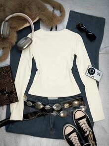 Noixe Damska koszulka w stylu vintage z długim rękawem i okrągłym dekoltem oraz nadrukiem nut, dopasowana, modna, w stylu vintage z 2000 r., z teksturowaną tkaniną, prezent dla siostry, na powrót do szkoły, prezent świąteczny