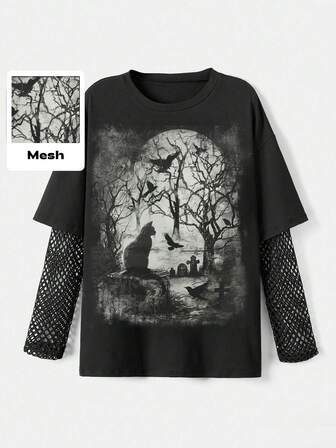 Goth Maglietta larga da donna in stile gotico dark academy, con stampa di gatti e inserti in rete