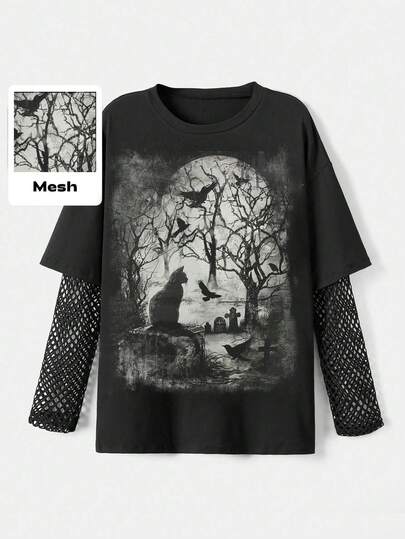 Goth Gothic Dark Academy Cat Print Mesh Patchwork Loose T-Shirt For Women