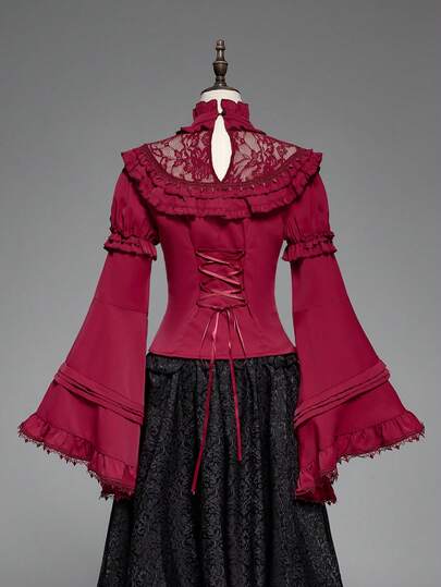 Goth Élégante blouse de style palais avec dentelle, manches évasées extra-larges, style Lolita, nœud pour Noël, coupe ajustée