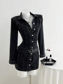 Elamini 女式休闲单排扣腰带设计长袖牛仔连衣裙，秋季 - 深灰色 - 查看 4