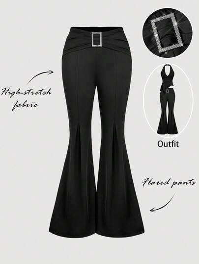 SHEIN MOD Effen gekleurde damesbroek met gesp in tailleband, elegante flared broek, effen gekleurde geplooide, slim fit casual flared broek met vierkante ruiten, herfst/winter, kerst, uitgaansbroeken, nieuwjaarsoutfit, kerstkleding voor dames, feestoutfit, zwarte broek, glinsterend, chic, Y2K