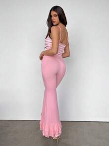 Sweetina Women's Casual Pink Fashion Cute Simple Solid Color Overlap Waist Bow Decor Multi-Layer Ruffle Hem Flare Pants - Pink - View 2
