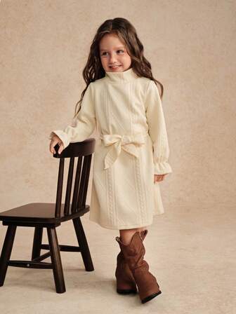 Young Girl' Solid Color Minimalist Casual Tie-Front Long Sleeve Dress