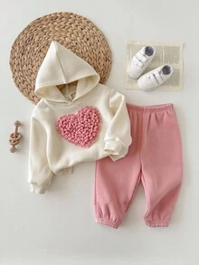 SHEIN Babygirl 可爱心形图案针织连帽衫套装，秋冬 - 彩色 - 查看 7