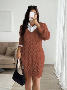 Vionelle Plus Size V-Neck Wavy Hem Drawstring Cable Knit Pattern Long Sleeve Sweater Dress, Solid Color, Casual & Fashionable For Autumn/Winter - Redwood - View 3