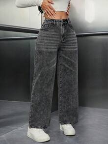 SHEIN ICON Casual Washed High Waist Straight Leg Jeans - Light Grey - View 3