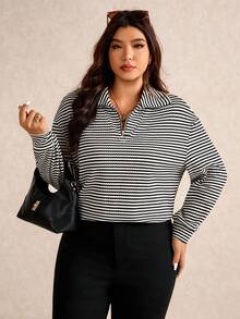 Elaquor 大码女式休闲宽松条纹落肩长袖半开襟 T 恤，秋季