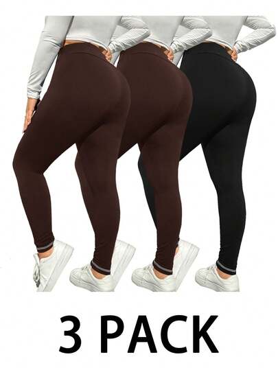 SHEIN Essnce Plus Size Women's Leggings 3 Pieces, Black Tights,Warm Women Leggings,Pants Women Tights,Winter Leggings Women Bottoms Women Leggings