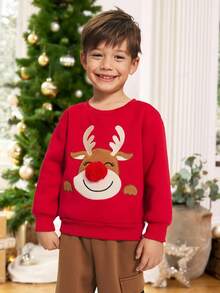 SHEIN 2件套男童休闲可爱卡通小鹿刺绣图案保暖内衬圆领卫衣和抽绳长裤针织套装，适合上学、花园、圣诞节、新年等各种场合，四季皆宜。 - 紅色 - 查看 6