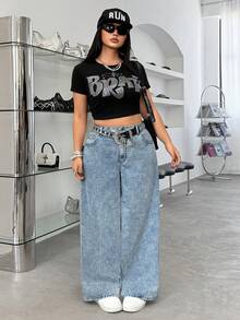 Jeanoix Quần jean ống rộng dáng rộng, túi rách, thời trang Y2K dành cho nữ cỡ lớn - Màu xanh bụi bặm - Xem 3