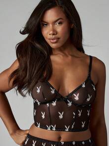 Missguided x Playboy Ensemble de soutien-gorge et culotte en maille avec imprimé lapin, collection de lingerie transparente
