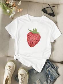 Resyla 女士休闲印花T恤，夏季，草莓印花，时尚简约百搭，适合度假、日常穿着、返校、约会，女士短袖T恤 - 白色 - 查看 3