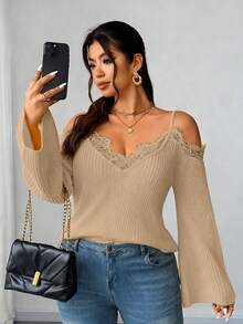 Elenzga 女士优雅复古性感露肩蕾丝拼接喇叭袖修身加大码毛衣套头衫哥特式 Y2k 蕾丝边露肩长袖短款上衣，春夏秋季 - 棕色 - 查看 4
