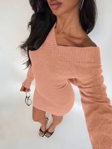 EgrlEra 秋冬女式V领针织修身毛衣裙 - 粉色 - 查看 4