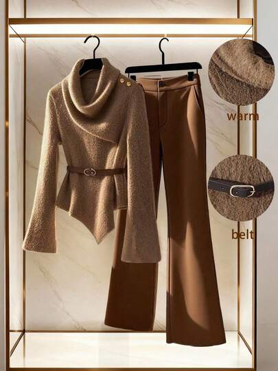 Franclia 2 Stücke Damen Set mit Gürtel Dekor Schnalle Schlaghose