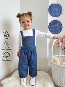 Baby Mädchen Jeans-Latzhose, lässig weite Passform mit verstellbarer Taille, Latz-Hose mit süßer Schleifenstickerei, weiches Baumwoll-Denim-Material, geeignet für Frühling, Sommer, Herbst, Winter