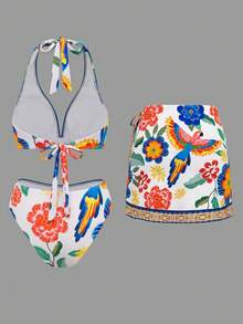 SHEIN Swim Oasis Multicolor Floral Parrot Print Halter Bikini Set With Short Bottoms And Tie Back Detail For Women - Multicolor - View 2