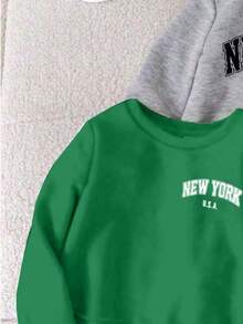 SHEIN 男婴休闲字母印花卫衣，适合秋季 - 綠色 - 查看 5