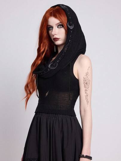 Goth Suéter corto de punto de talla grande con capucha con flecos bordados de estilo bohemio y misterioso, suéter de punto hippie de talla grande para otoño/invierno