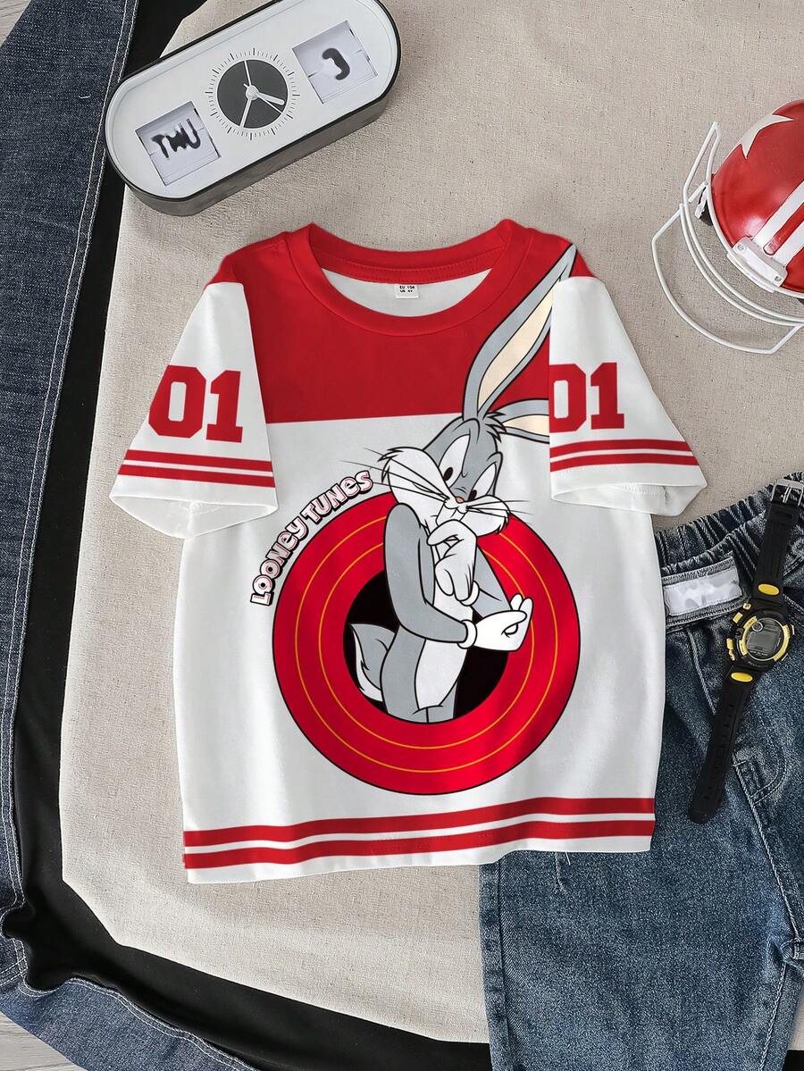 LOONEY TUNES X SHEIN Young Boy Summer Casual Sports Cartoon Rabbit And Number Print Colorblock Tee - White - View 1